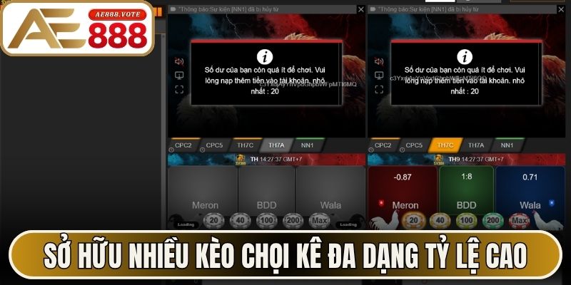 Đá Gà AE888 - Đấu Trường Chọi Kê Trực Tuyến Mượt Mà 2 Sở hữu nhiều kèo chọi kê đa dạng tỷ lệ cao